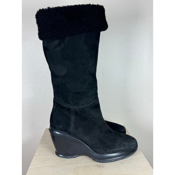 Hogan Suede Wedge Black Boots 37.5 Designer Leather Sherpa Lined Ski Snow Luxury - Picture 1 of 11